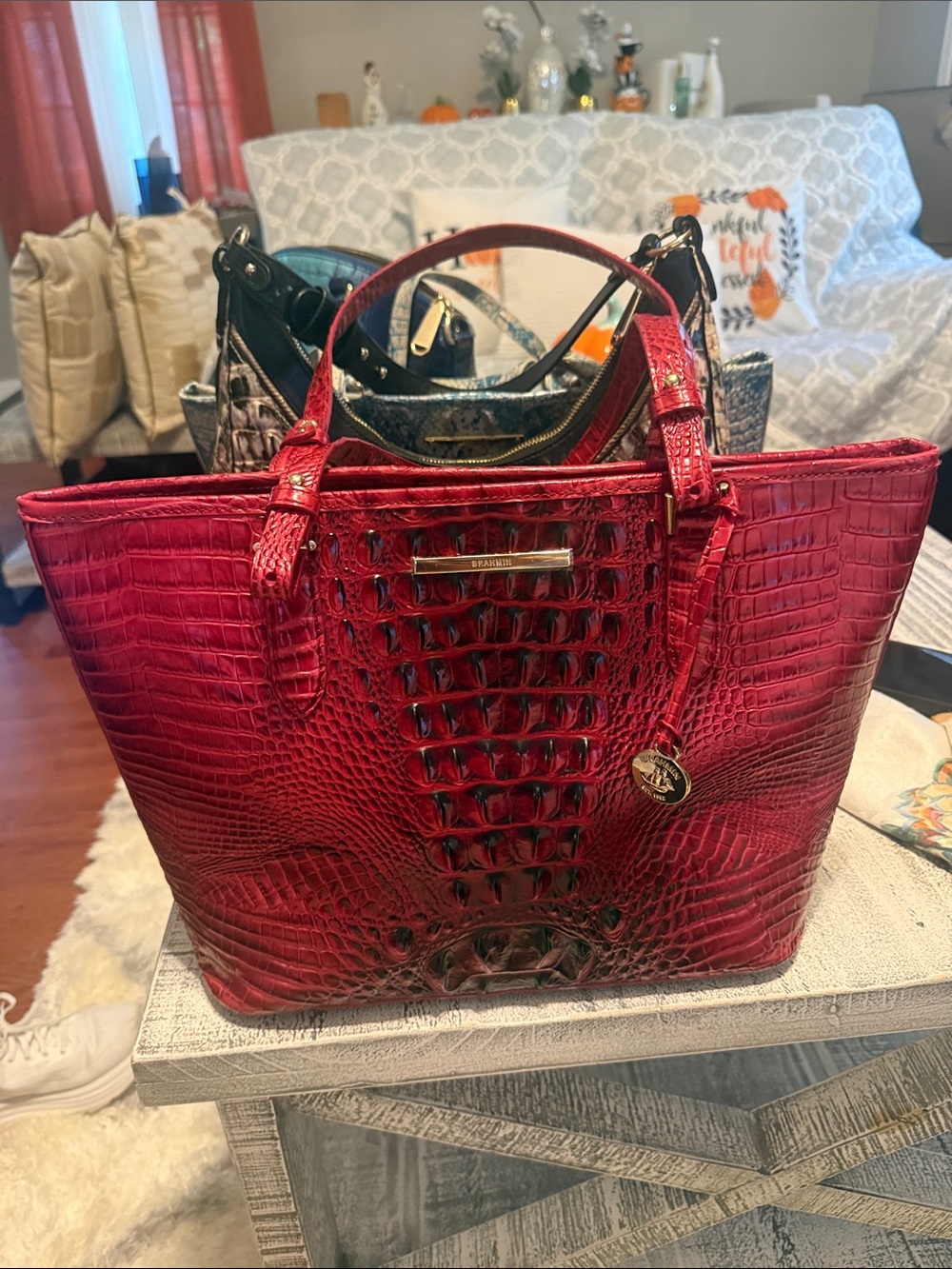 Brahmin Red Croc-Embossed Leather Tote